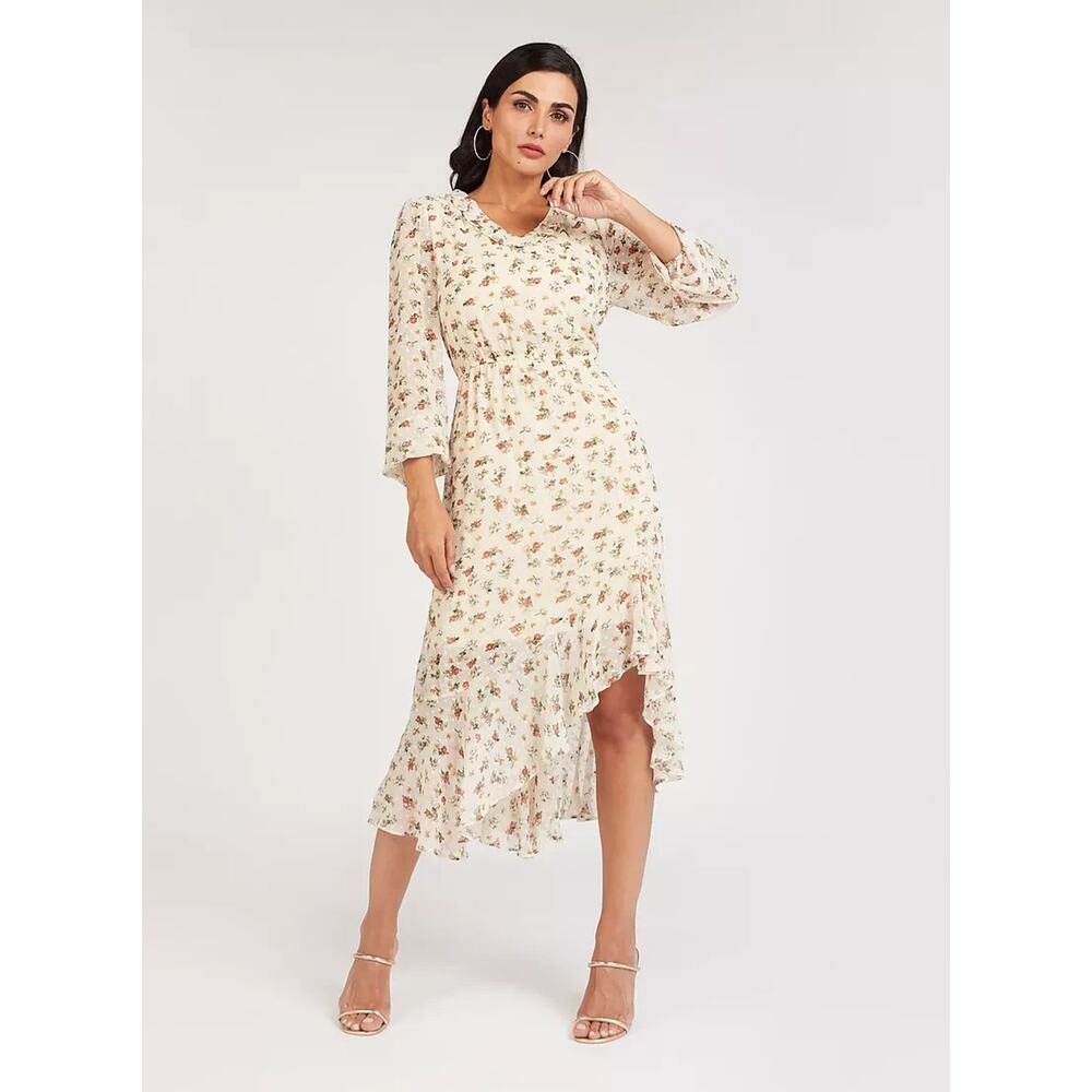 SPLASH Floral Dots Sheer Long Sleeves Ruffle Dress Ivory Green Orange Lined 14